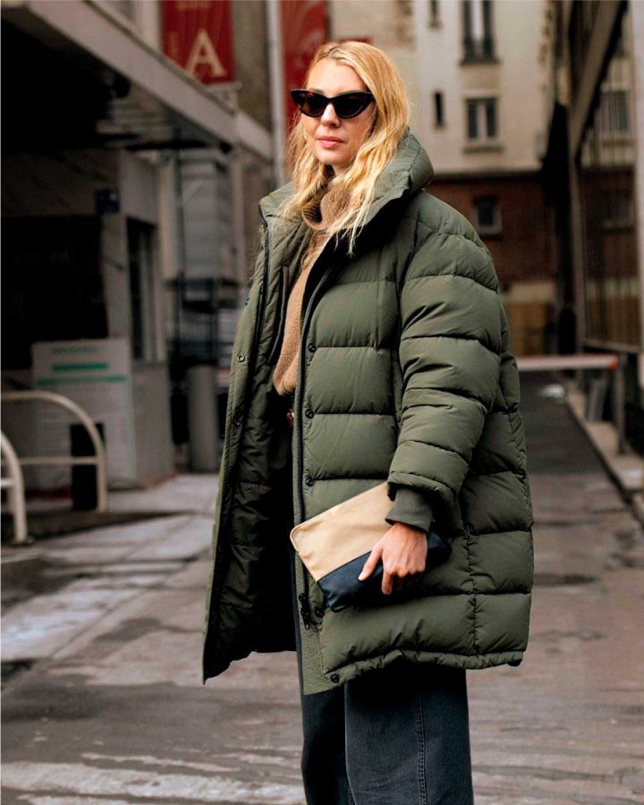 look with a khaki puffer