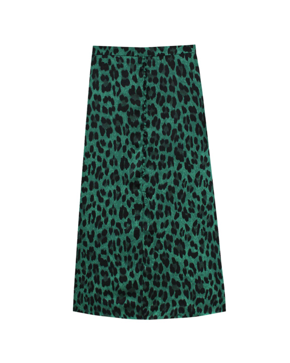 green animal print midi skirt